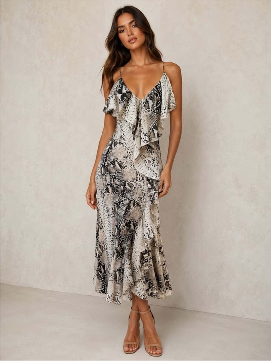 Haute Hippie Dresses & Skirts - Haute Hippie Silk Snake-Print Ruffle Slip Midi Dress size Large